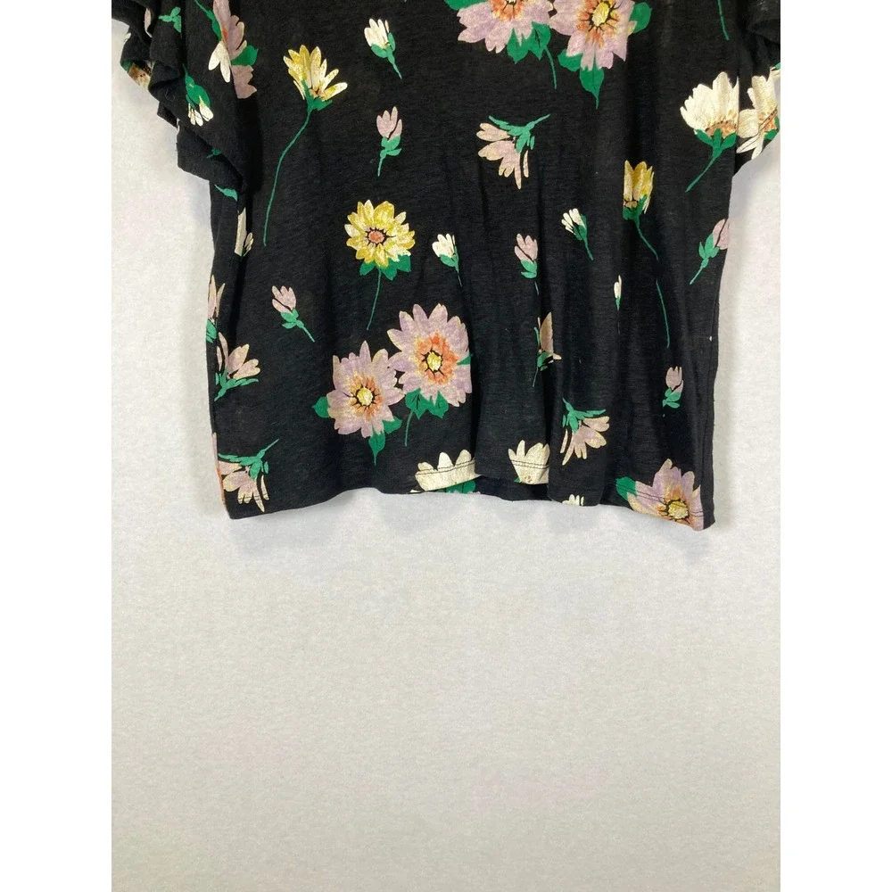 Cottagecore LOFT Women Size S Black Floral 100% Linen Flutter Sleeve Scoop Neck‎ - Picture 5 of 9